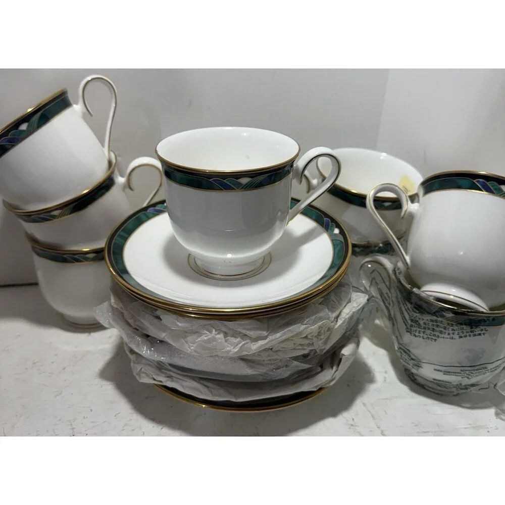 Lenox Debut Collection Kelly New Set Of 6 Teacups And Saucers White Blue Green